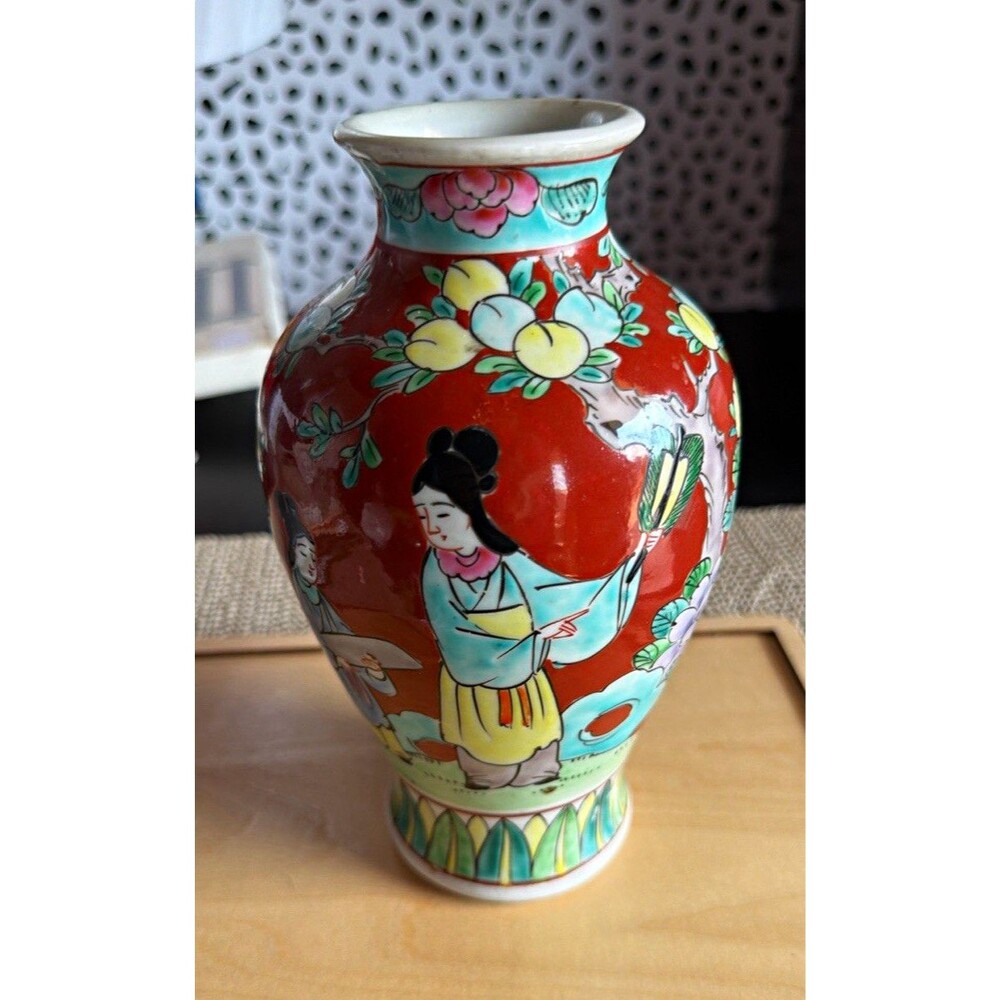 Chinese Porcelain Vase, Red Ground Floral & Figure Design